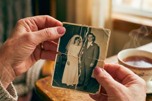 des mains de femme d'âge mûr tenant une vieille photo de mariage déchirée en deux
