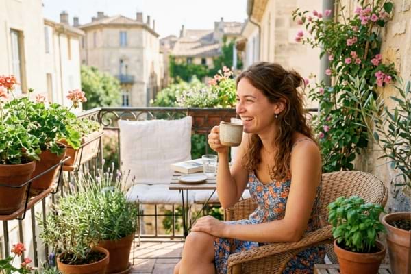 Une jeune femme très souriante en train de boire un café sur un balcon ensoleillé
