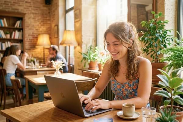 Une femme concentrée et heureuse qui travaille sur son ordinateur
