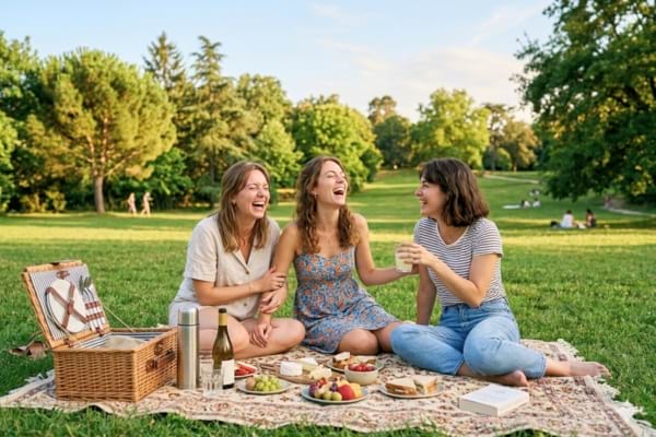 Un groupe de trois amies qui rient aux éclats lors d'un pique-nique