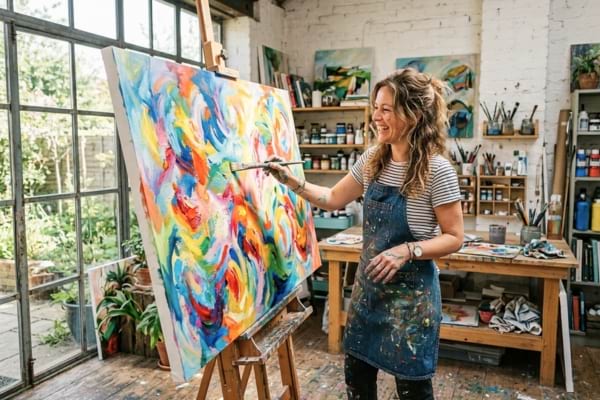Une femme qui peint une grande toile très colorée dans un atelier