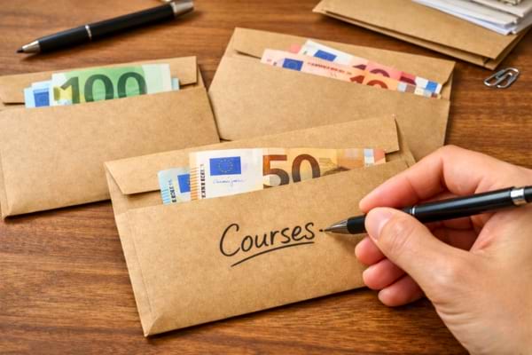 plusieurs enveloppes en papier kraft pos&eacute;es sur un bureau. Des billets de banque en euros d&eacute;passent l&eacute;g&egrave;rement