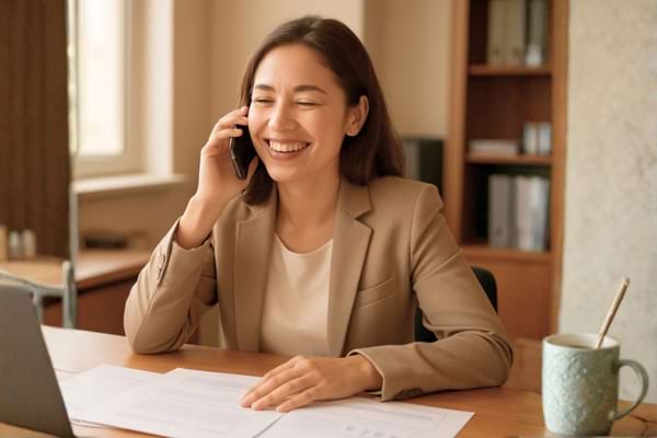 Une personne souriante au t&eacute;l&eacute;phone, assise &agrave; son bureau avec des papiers &eacute;tal&eacute;s devant elle