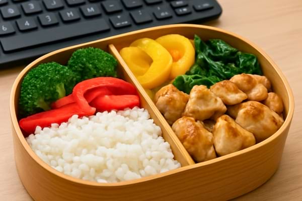 une belle bo&icirc;te &agrave; repas (bento) remplie de riz, de l&eacute;gumes color&eacute;s et de poulet, pos&eacute;e sur un bureau