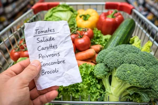 une main tient une liste de courses &eacute;crite sur un papier froiss&eacute;