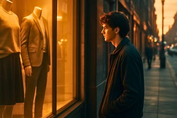 Une personne regarde la vitrine d'un magasin de v&ecirc;tements avec envie,