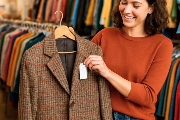 Une personne souriante tenant une veste d'occasion dans une friperie
