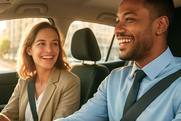 Deux coll&egrave;gues souriants discutent dans une voiture en allant au travail