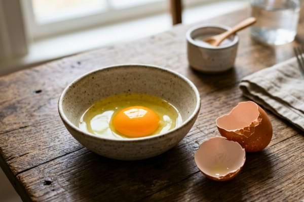 Un &oelig;uf frais cass&eacute; en deux avec un jaune orange &eacute;clatant.