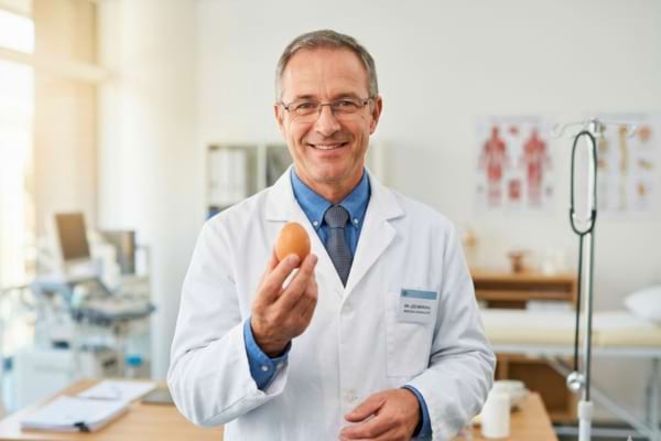 Un m&eacute;decin souriant en blouse blanche qui tient un &oelig;uf frais dans sa main avec un geste rassurant