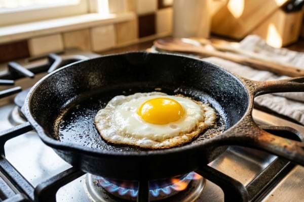 Une po&ecirc;le en fonte noire sur le feu. Un &oelig;uf au plat en train de cuire.
