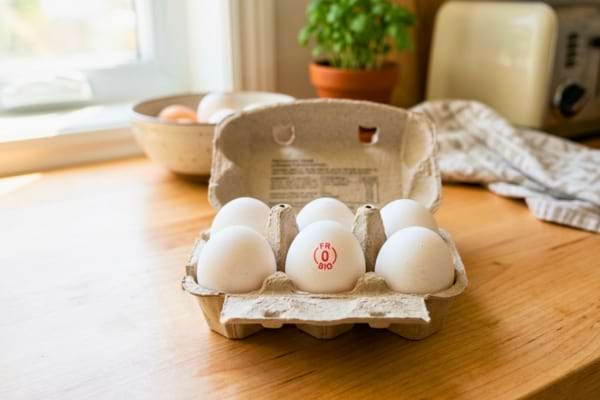 Une bo&icirc;te d'&oelig;ufs en carton ouverte sur un joli comptoir de cuisine.