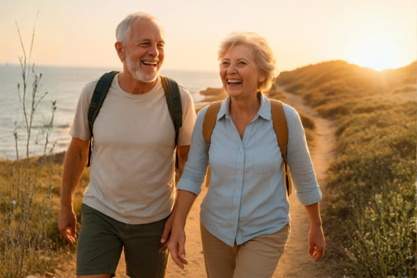 ouple de sexag&eacute;naires tr&egrave;s souriants et dynamiques marchant sur un sentier c&ocirc;tier ensoleill&eacute;