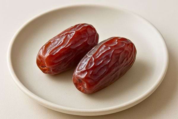 deux dattes sont posees sur une petite assiette blanche sur fond clair