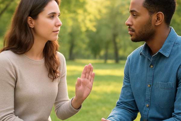 un homme et une femme discutent face a face dans un parc