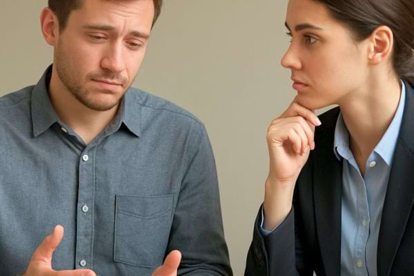 un homme parle avec une femme qui lecoute attentivement avec un air serieux