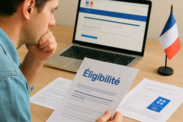 un homme lit un document eligibilite avec un ordinateur et un drapeau francais