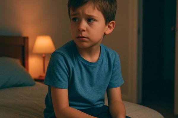 un jeune enfant assis sur un lit regarde autour de lui avec un air inquiet