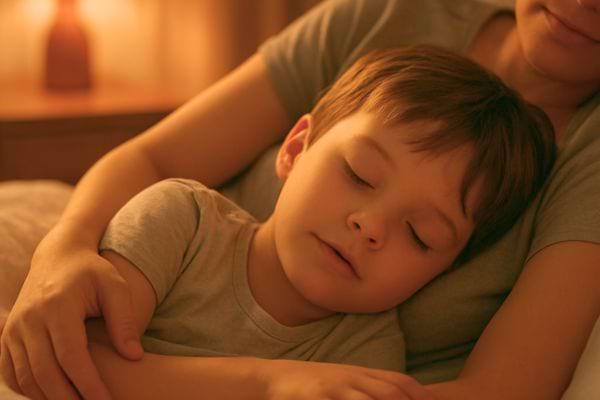 un enfant dort paisiblement dans les bras de sa mere dans une chambre eclairee