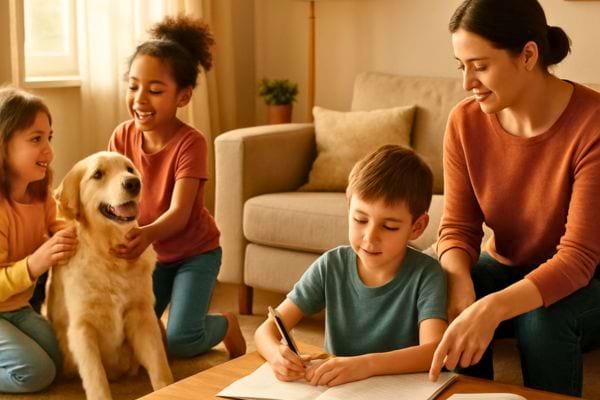 des enfants font leurs devoirs avec leur mere et jouent avec un chien