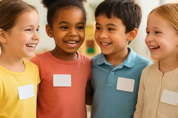plusieurs enfants sourient ensemble avec des badges dans un cadre scolaire