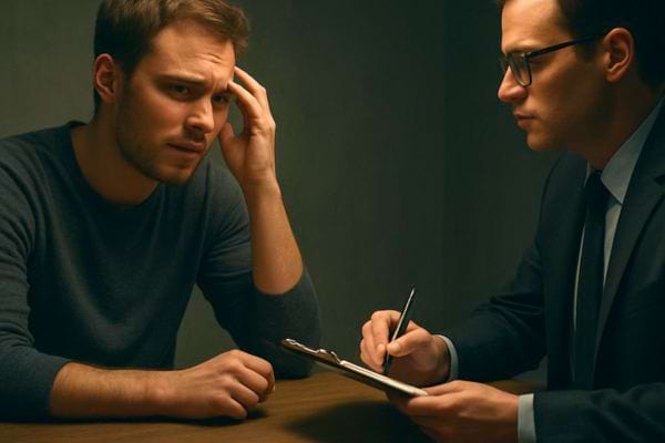 un homme inquiet se tient la tete pendant quun autre prend des notes sur un bloc