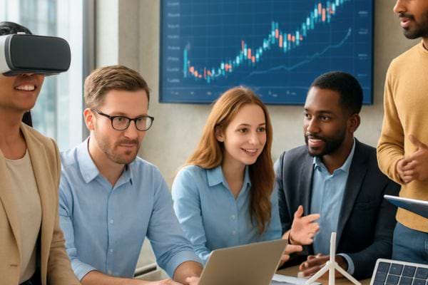 une equipe travaille devant un ordinateur avec un graphique boursier en arriere plan