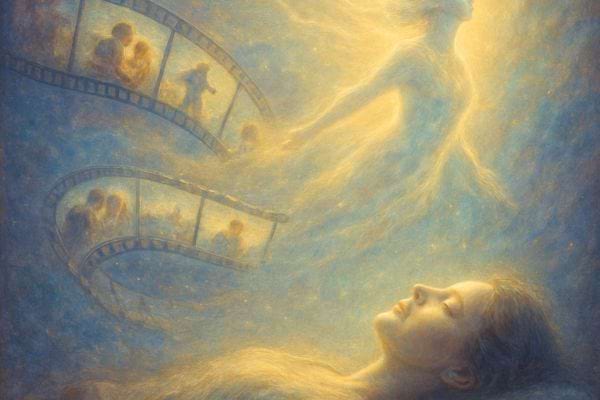 une personne allongee voit une forme lumineuse slever tandis que des images flottent comme un film