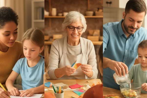 une famille partage des activites creatives et cuisine ensemble avec un enfant