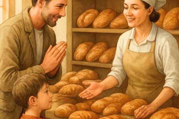 un parent et un enfant parlent avec une boulangere devant des pains