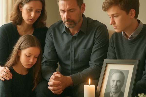 une famille recueillie autour dune bougie et dune photo en souvenir