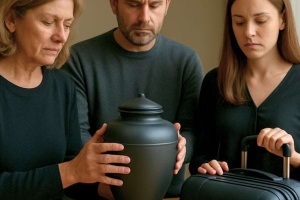trois personnes tiennent une urne funeraire avec un air triste
