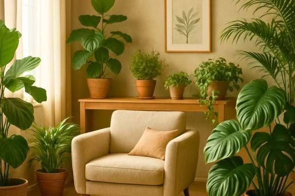 un fauteuil beige entoure de nombreuses plantes vertes dans un coin salon lumineux
