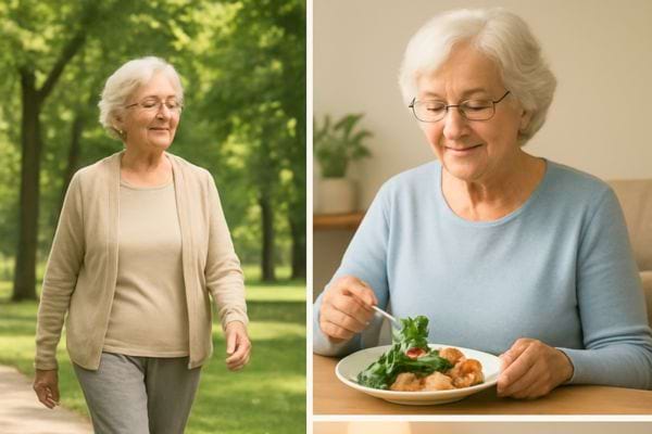une femme agee marche tranquillement dans un parc verdoyant pour rester active