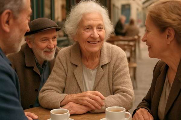 des personnes agees discutent et sourient ensemble autour dun cafe en terrasse