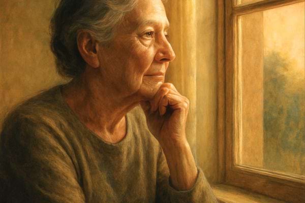 une femme agee regarde par la fenetre avec une expression pensive et calme