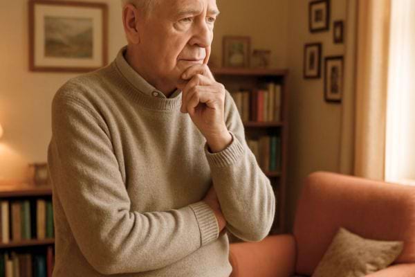 un homme age semble pensif dans son salon avec la main sous le menton