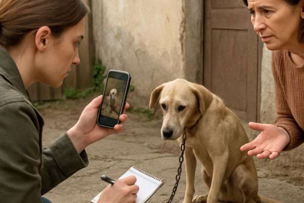 une femme montre la photo dun chien attache pendant quune autre prend des notes