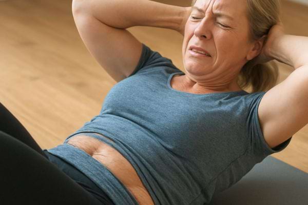 une femme fait des crunchs avec une expression deffort sur le visage