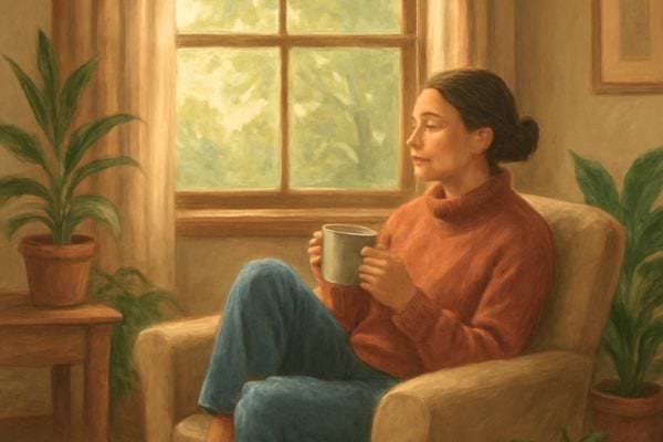 une femme assise boit une boisson chaude en regardant par la fenetre