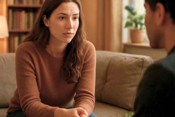 une femme assise sur un canape parle serieusement avec une personne
