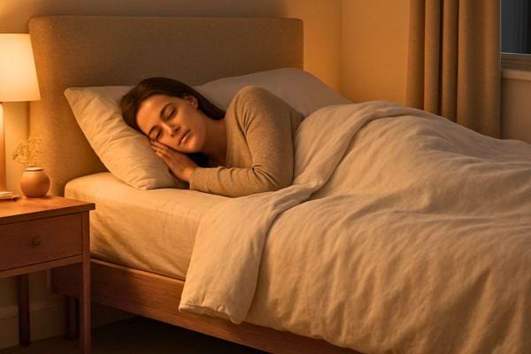 une femme dort paisiblement dans un lit avec une lampe allumee