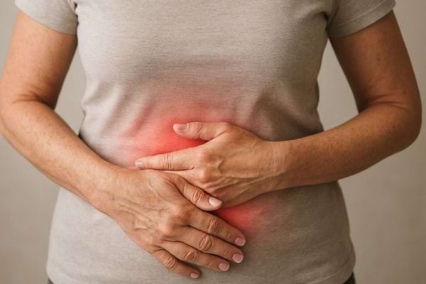 une femme tient son ventre avec une zone rouge indiquant une douleur abdominale