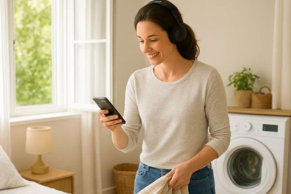 une femme sourit en ecoutant de la musique pendant le menage