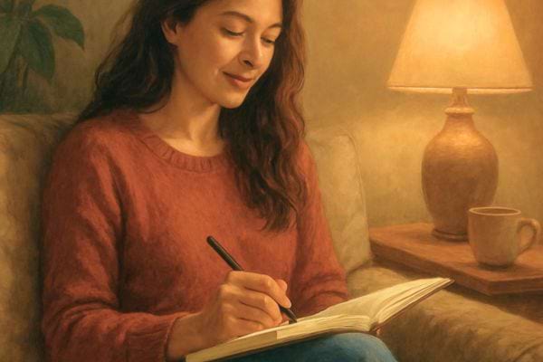 une femme ecrit dans un carnet assise dans un fauteuil pres dune lampe