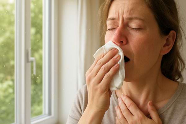 une femme eternue dans un mouchoir pres dune fenetre ouverte 