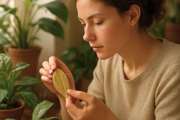 une femme examine attentivement une feuille de plante dans un interieur rempli de verdure