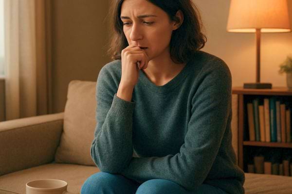 une femme assise sur un canape semble inquiete et pensive