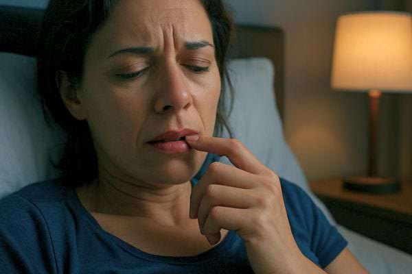 une femme dans son lit touche sa bouche avec un air inquiet et fatigue