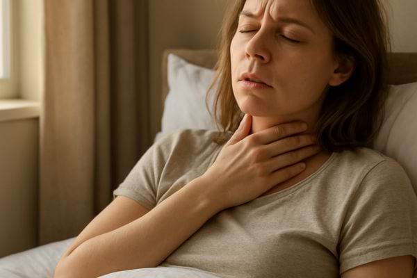 une femme assise dans son lit touche sa gorge avec douleur